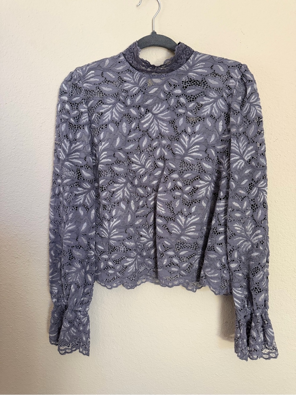 New York & Company Slate Gray Lace Mock-Neck Blouse